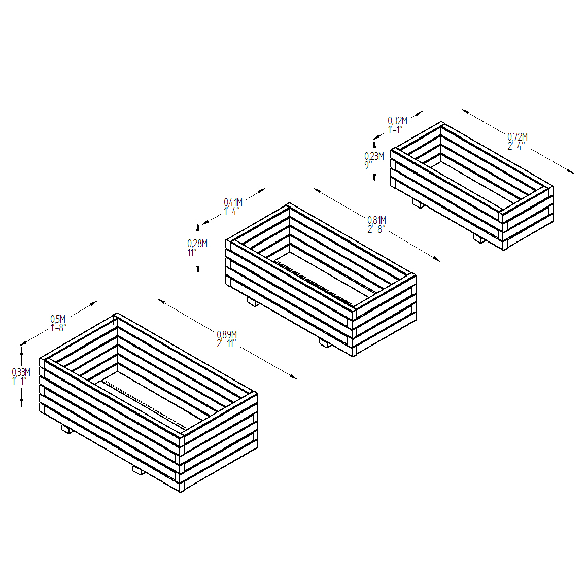 Durham Rectangular planter a set of 3 measurements