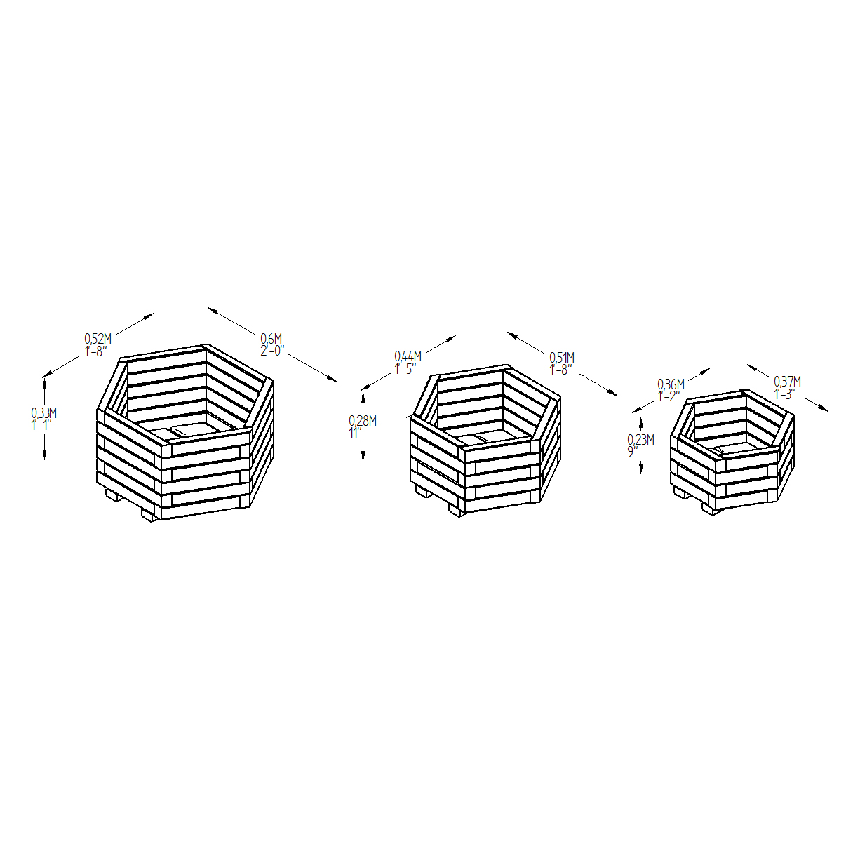 York Hexagonal Planter set of 3 measurements