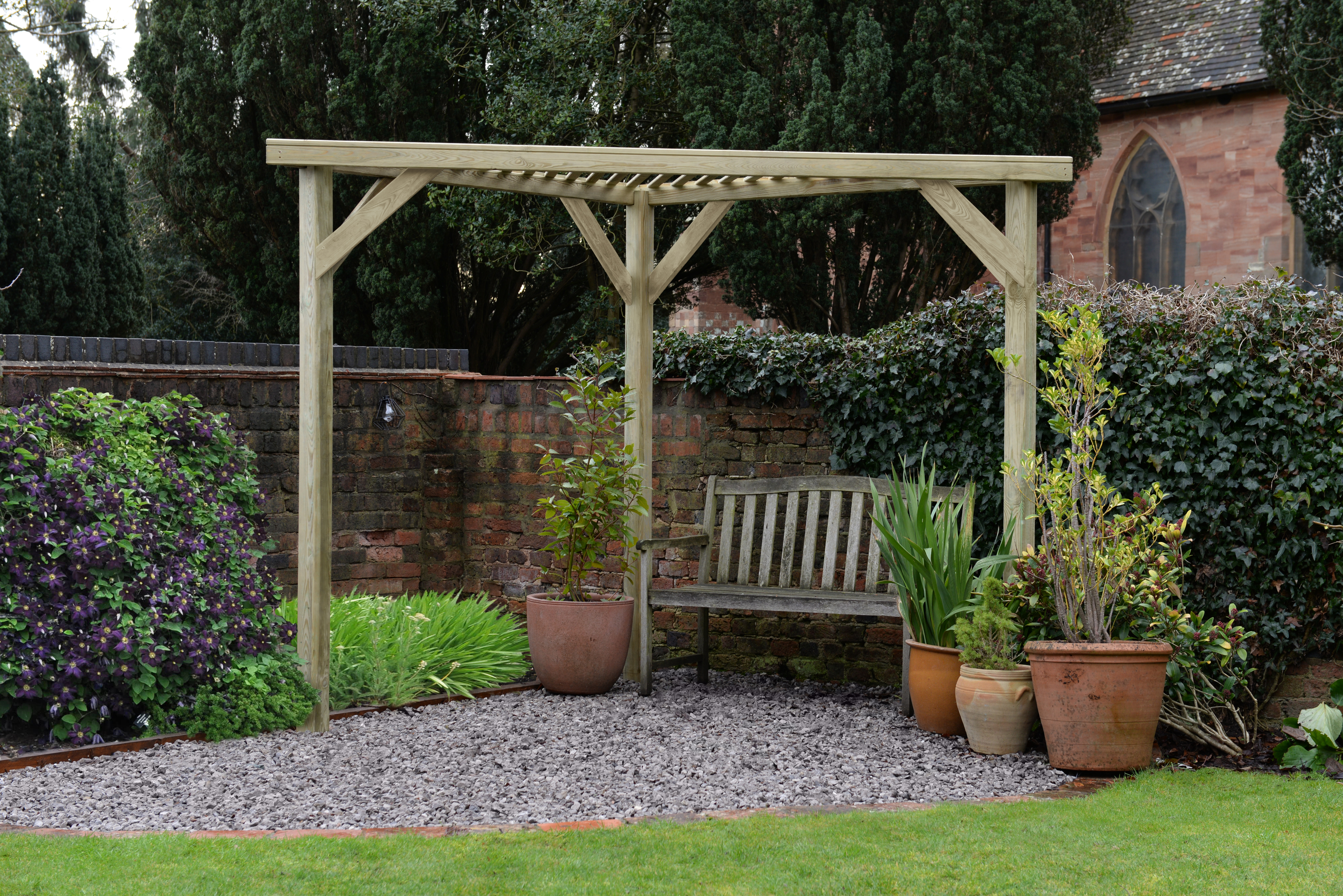 Slatted corner pergola