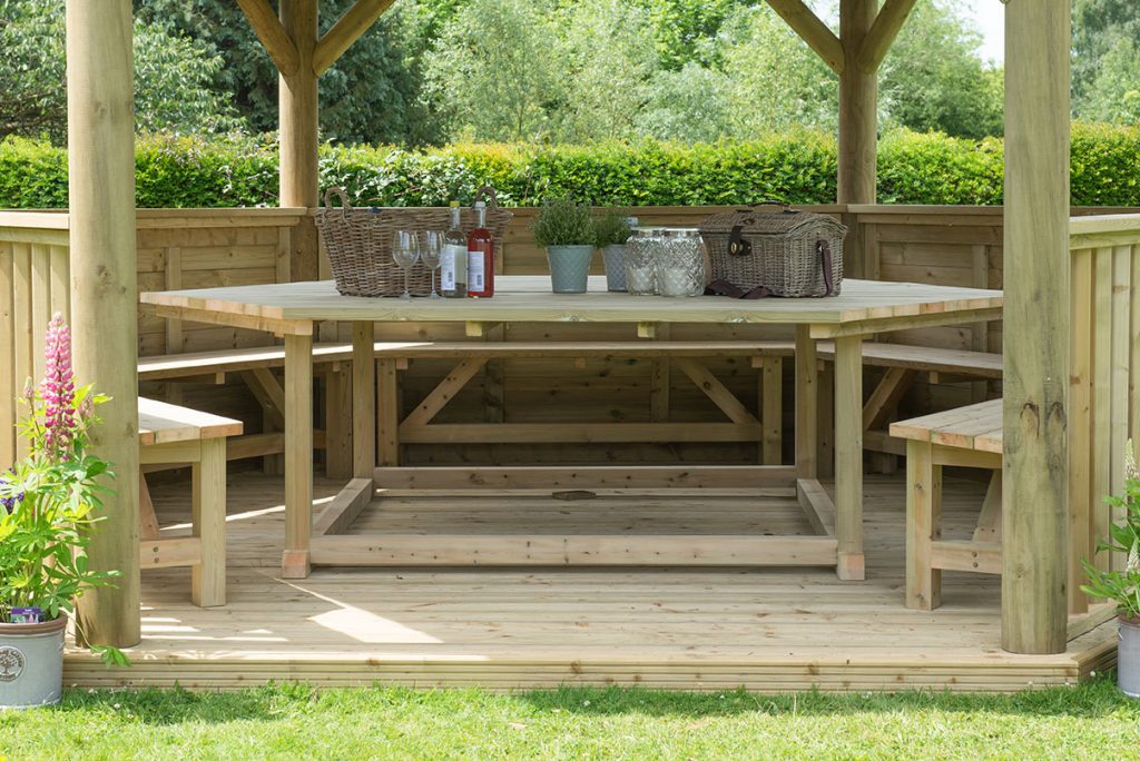 4.7m gazebos with timber roof tables in situ